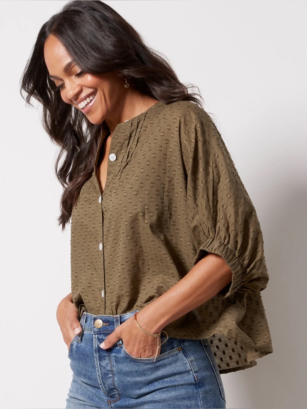 Emerson Fry Mandarin Collar Top in Moss - Picture 4 of 9